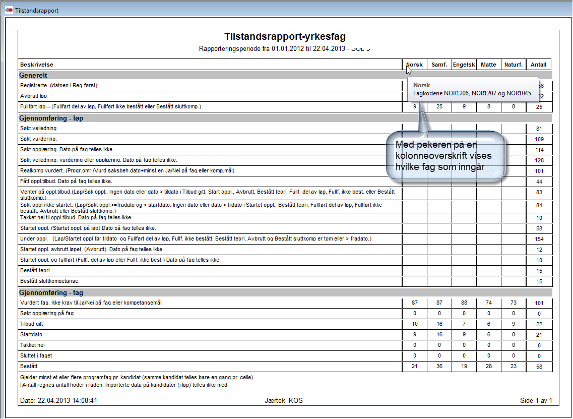 Tilstandsrapport - Yrkesfag Angitt pr. fag. Dette er en annen variant av Tilstandsrapport. Denne presenterer antall pr.