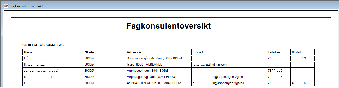 Fagkonsulentrapporter Oversikter over tilgjengelige fagkonsulenter pr. programområde og fag Vurdering utført er på fag. Oversikter over tilgjengelige fagkonsulenter pr. læreplan og fag.