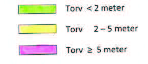Figur 2 Dybde til underkant torv. Enkelte steder er det fyllmasser over torva. Kongsvegen ble bygd for over 60 år siden og ble sannsynligvis bygget på torv.