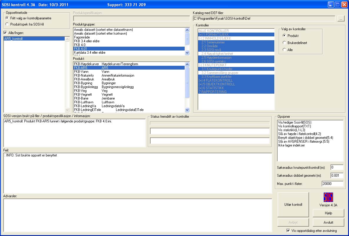 3. SOSI-KONTROLL Når all redigering er gjort kjøres SOSI-kontroll. SOSI-kontroll er et brukerprogram i FYSAK for å kvalitetskontrollere SOSI-filer mot en produktdefinisjon.