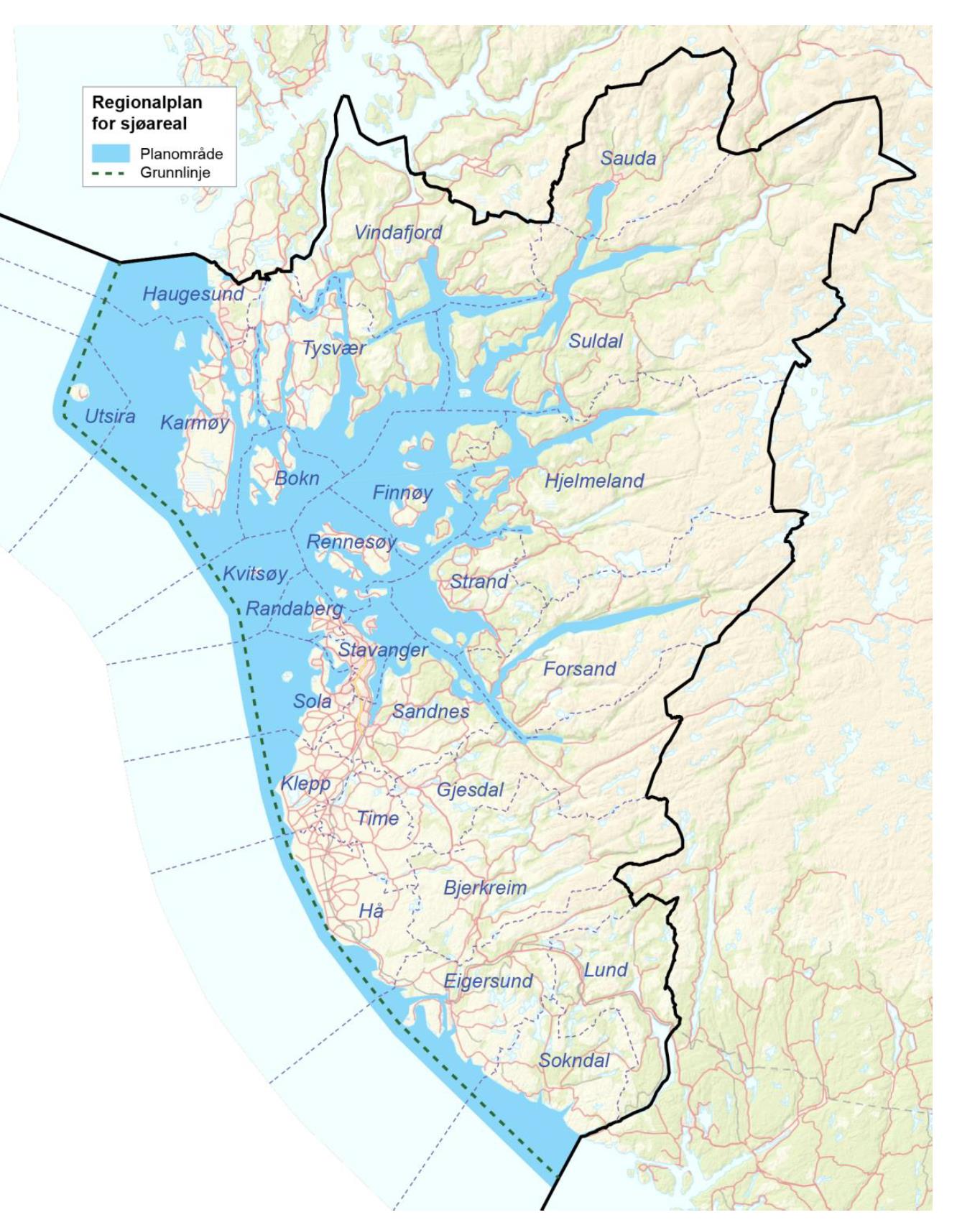 PLANOMRÅDET Geografisk avgrensing- Sjøarealet i Rogaland ut til ei nautisk utanføre grunnlina.