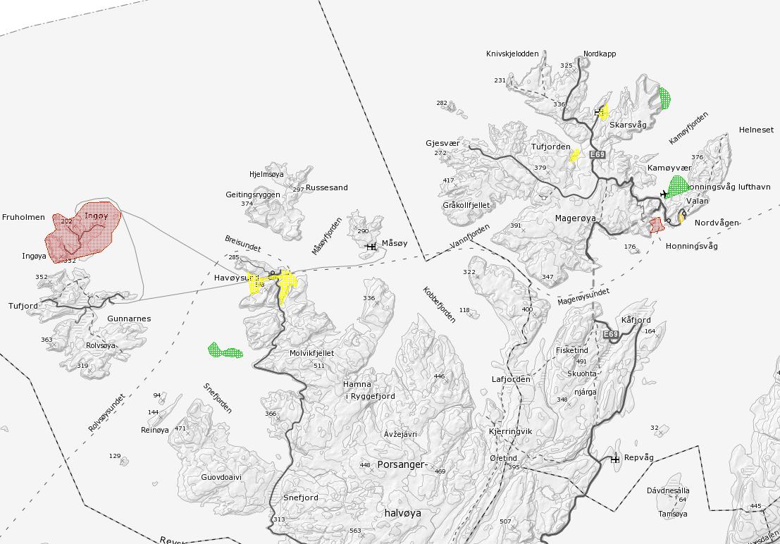 Figur 3.12 vedlegg 3 MRDB MOB data for området der olja har spredt seg og er i ferd med å strande samt tegnforklaring på de ulike fargekodene som er benyttet i figuren.