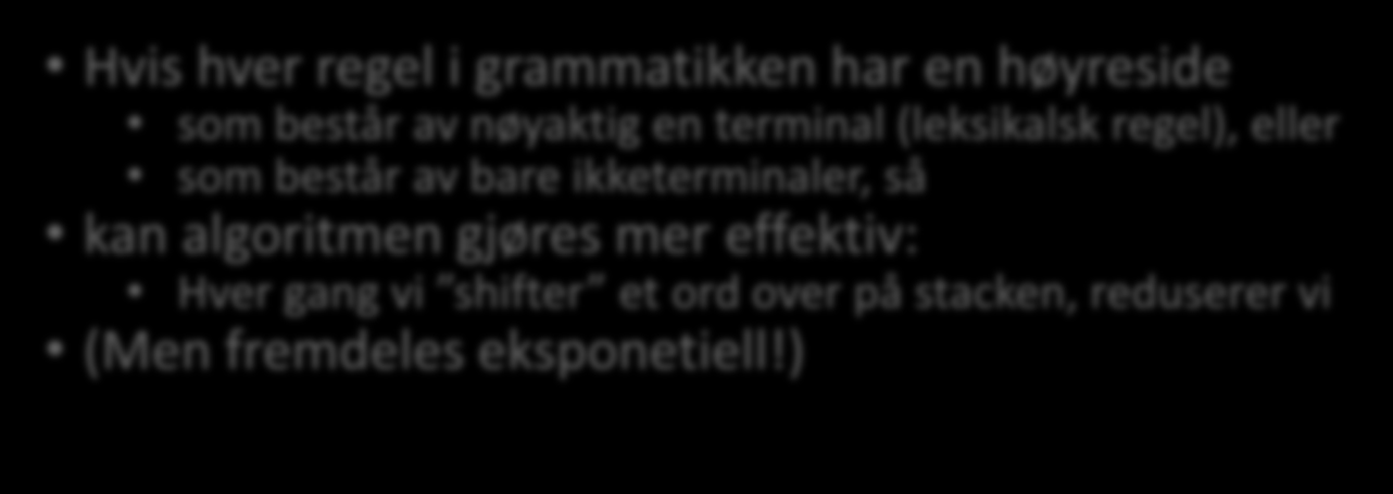 SR-algoritme ikke-deterministisk To plasser for valg/ikke-determinisme: Skal vi flytte eller redusere? Hva skal vi velge når vi har flere valg for reduksjon?