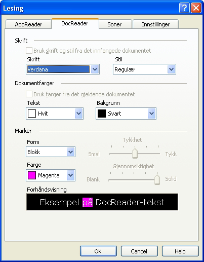 176 Innstillinger for DocReader Innstillingene for DocReader lar deg tilpasse utseendet på teksten og de markerte ord i DocReader. Endre innstillingen i DocReader 1.