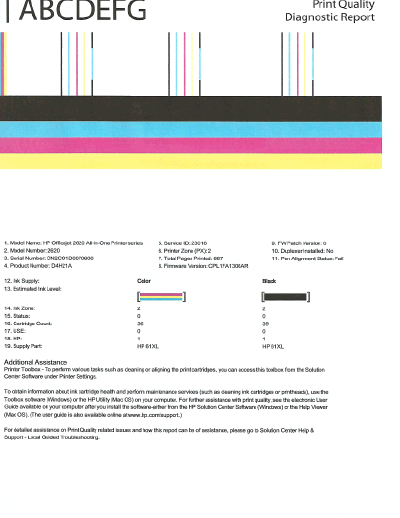 d. Klikk på Skriv ut diagnostikkinformasjon i kategorien Enhetsrapporter for å skrive ut en diagnostikkside. Se på de blå, magenta, gule og svarte boksene på diagnostikksiden.