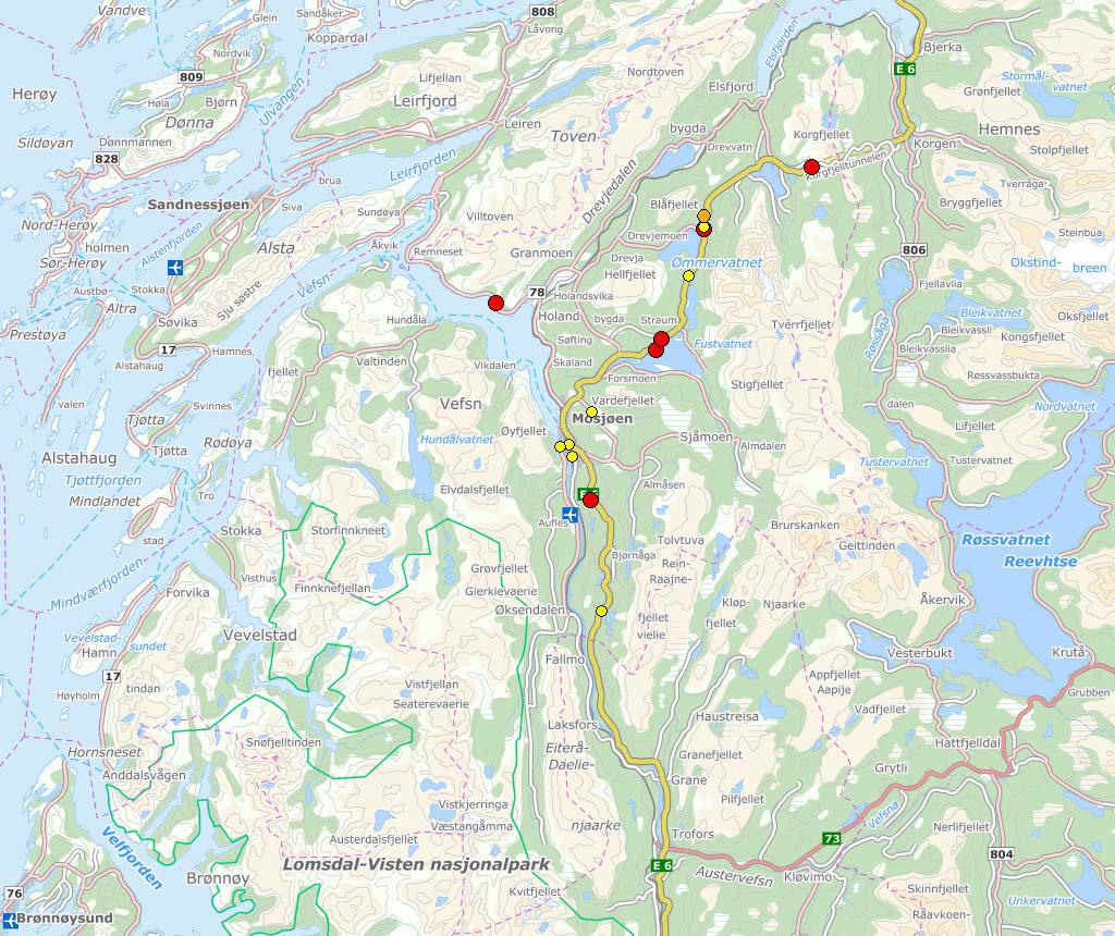 15 Kart over trafikkulykker med drepte og hardt skadde i Vefsn, 2005-2014. Ulykkestall, -rapporter og kart kan studeres nærmere på Statens vegvesen sine hjemmesider, vegvesen.