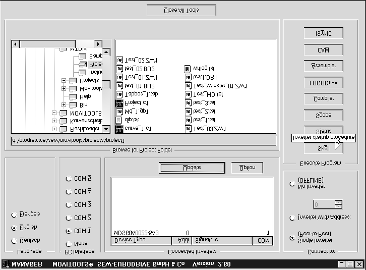 Idriftsetting med PC og MOVITOOLS I 0.4 Idriftsetting med PC og MOVITOOLS Generell informasjon Klemmen X: (DIØØ "/REGULATORSPERRE") må motta et "0"-signal! Start programmet MOVITOOLS. Velg språk.