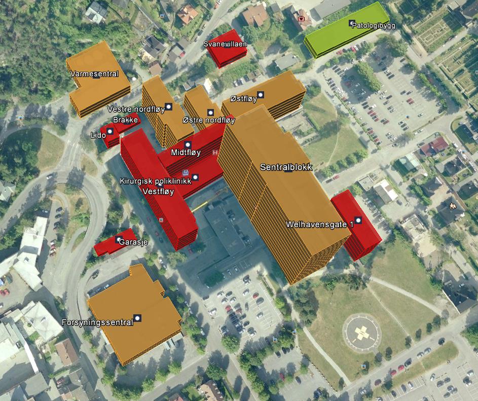 Figur 8 - Sykehuset Drammen teknisk tilstand (MulitMap, 2015). Oransje og rødt illustrerer hhv. dårlig og svært dårlig tilstand. Lys grønn og grønn farge indikerer hhv.