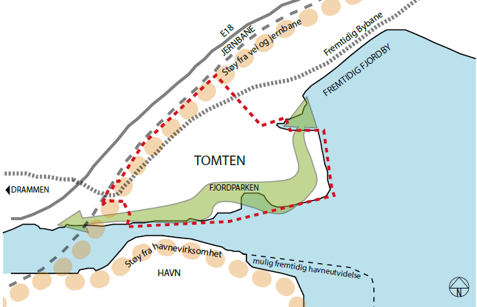 Figur 28 Illustrasjon av tomtens forutsetninger Det skal etableres en ny vei på Brakerøya med direkte forbindelse fra Drammen by til den kommende Fjordbyen.