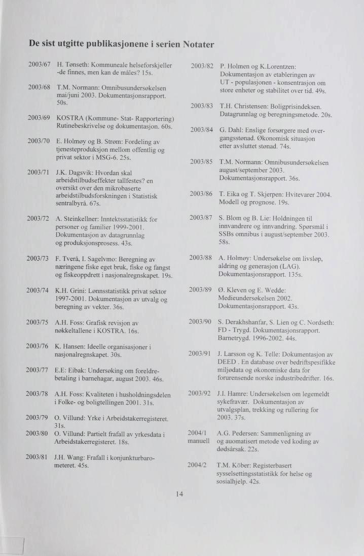 De sist utgitte publikasjonene i serien Notater 2003/67 H. Tønseth: Kommuneale helseforskjeller -de finnes, men kan de måles? 15s. 2003/68 T.M. Normann: Omnibusundersøkelsen mai/juni 2003.