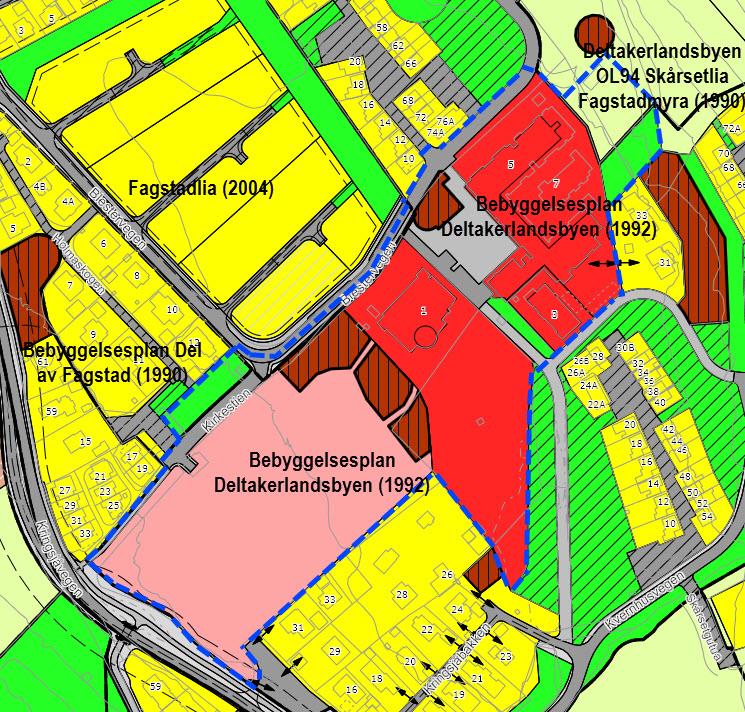 Planområdet er markert med blå stiplet strek (glokart.no) Planarbeidet og planprosess Det har vært vurdert flere alternativer for plassering av nye parkeringsplasser. En evt.