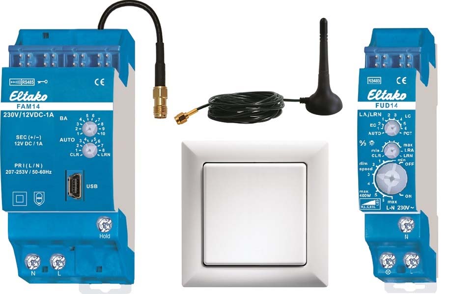 Startsett Serie 14 trådløs med universaldimmer Startsettet består av FAM14 (Elnr 4514240) Trådløs Gateway for Eltako Serie 14, FUD14 (Elnr 4514252) universaldimmer inntil 400W for R, L, C last og LED