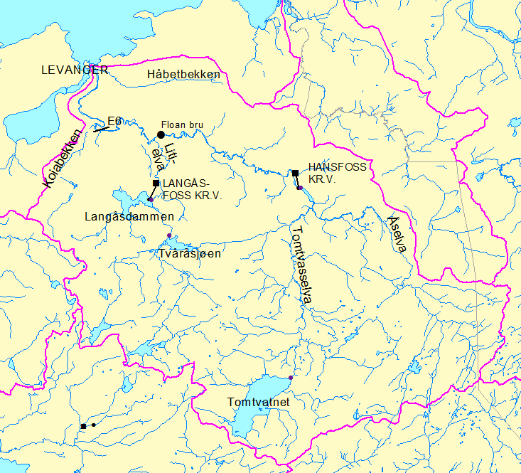 Figur 1. Kart over Levangervassdraget. Figur 2 viser karakteristiske vannføringsverdier for hver dag i løpet av året i Levangselva ved målestasjonen 126.1 Floan bru.