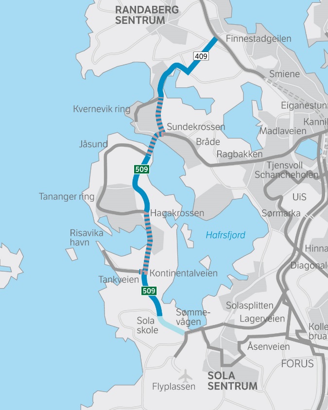 3.3 Transportkorridor Vest Vedtak reguleringsplan for riksvegdelen (rv. 509 Sola skole - Sundekrossen) forventes våren 2016.