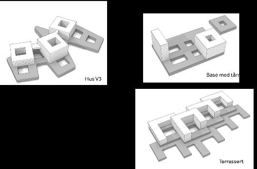 Tre av alternativa, Hus, 2+2 og Stenger, frå fase 2 blei «smelta saman» til konsept Hus v3, då alle desse tre bestod av eit konsept med ein base med oppdelte bygningsvolum oppå.