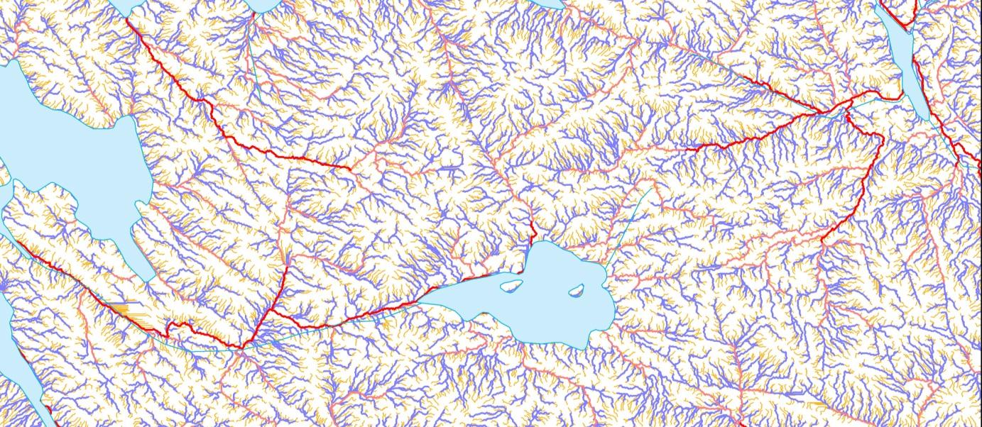 Rune Bratlie s metode i vårt GIS Datagrunnlag i GIS: 10-meter DEM N50-data Nedbørsfelt FKB-vann Laserdata