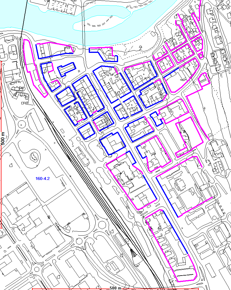 Byggegrenser og byggelinjer Byggegrenser (lilla strek): Begrensningslinje for bebyggelsens plassering
