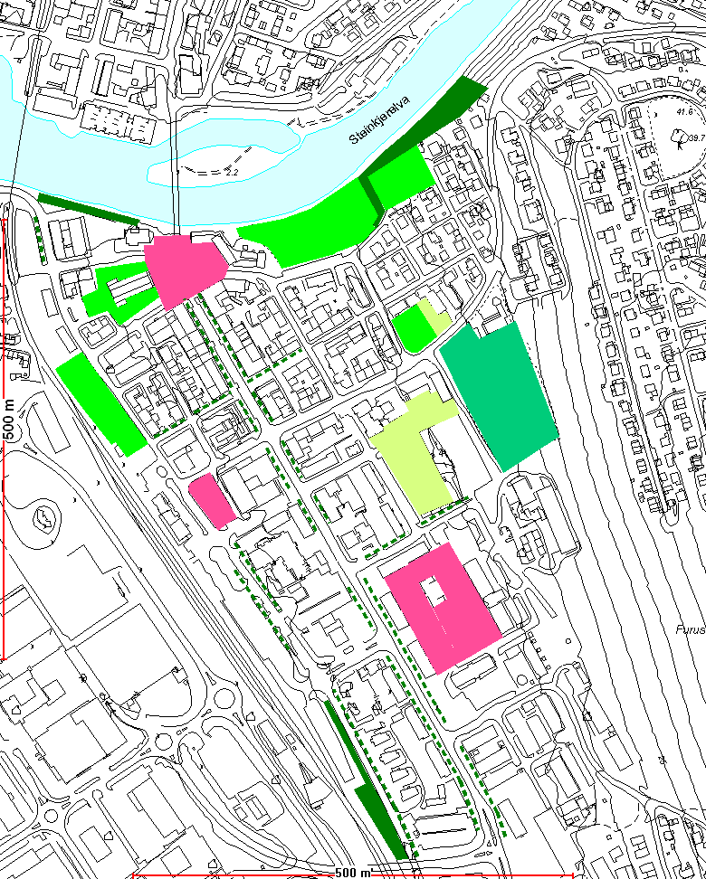 Grønne arealer. Parker.Offentlig areal. Rismelenm. bru til holmen, Martenshagen, Alders-heimsparken, Jernbaneparken, Kirkeområdet. Kirkegården. Plasser. Offentlig areal.