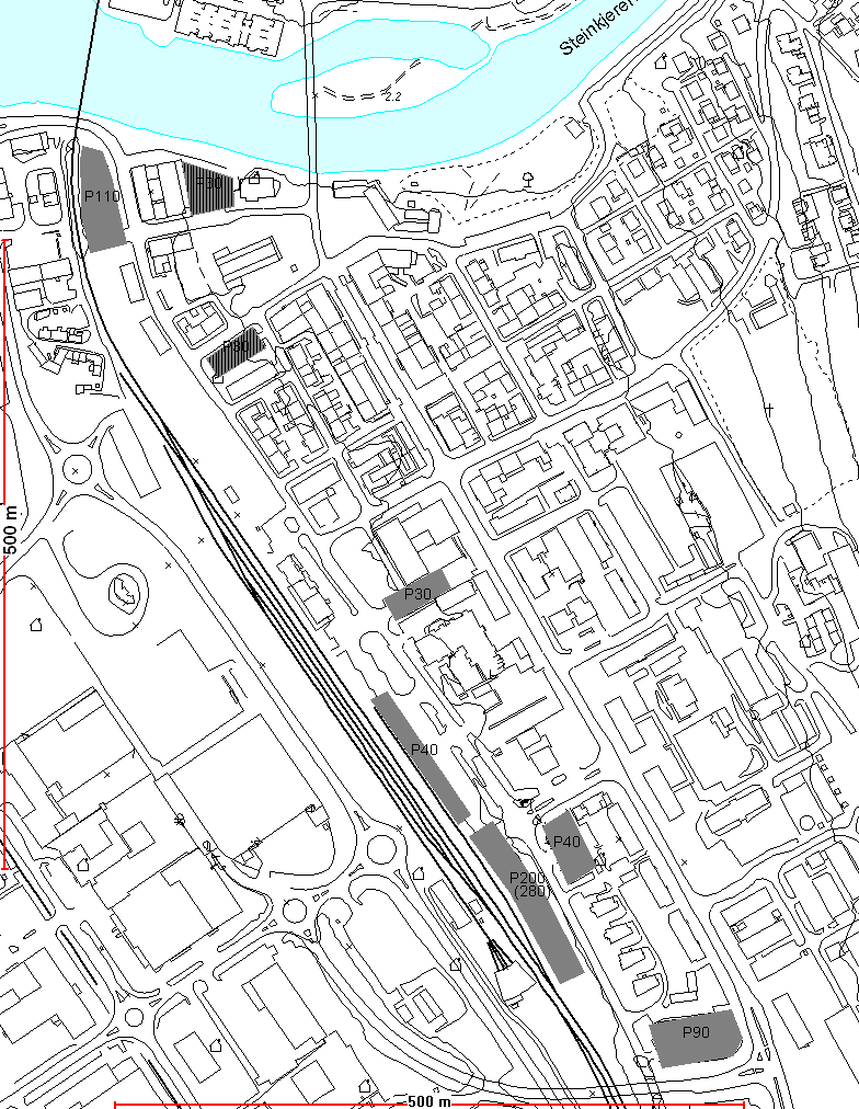 Trafikkarealer offentlig parkering Vektlegge parkeringsmuligheter ved innkjøring sørfra, nordfra og ved terminalområdet. I sør: Mellom jernbanen og Strandvegen. 2-3 plan. 200-280 plasser.