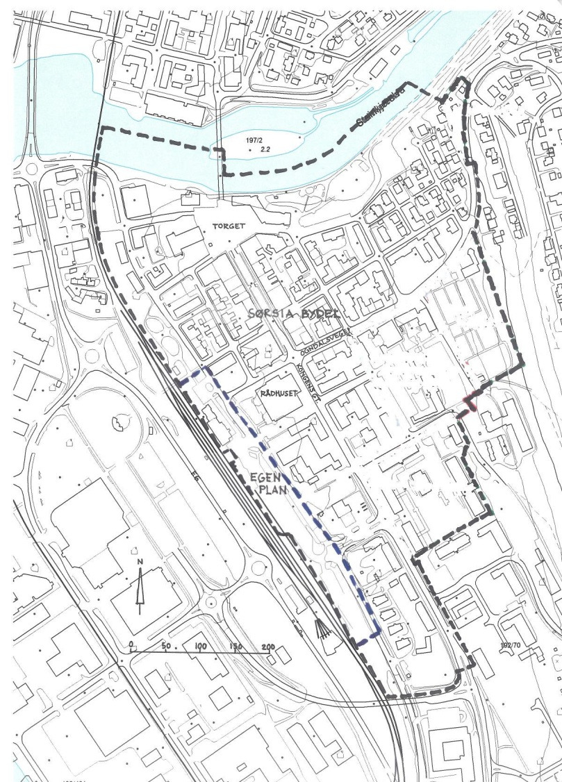 Planområdet. Sørsiabydel gjeldende plan, + barneskolen, HiNT, kirkegården m. kapellet, Ogndalsv.