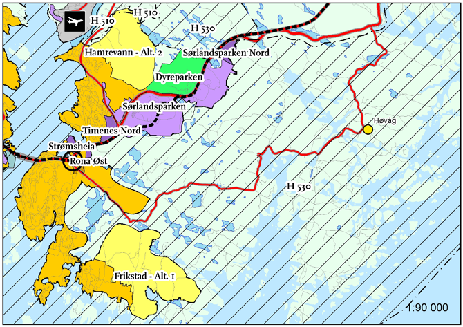 6.7 Planforslag i området Randesund - Høvåg. Etter at alle områdene er vurdert opp mot hverandre, vurderes Hamrevann som det beste alternativet, og Frikstad som det nest beste.