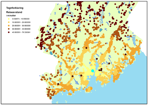 Beregnet reiseavstand i minutter til foreslåtte nye næringsområder. Kartet over viser beregningen for Bjørndalssletta Syd (kongsgårdjordene).