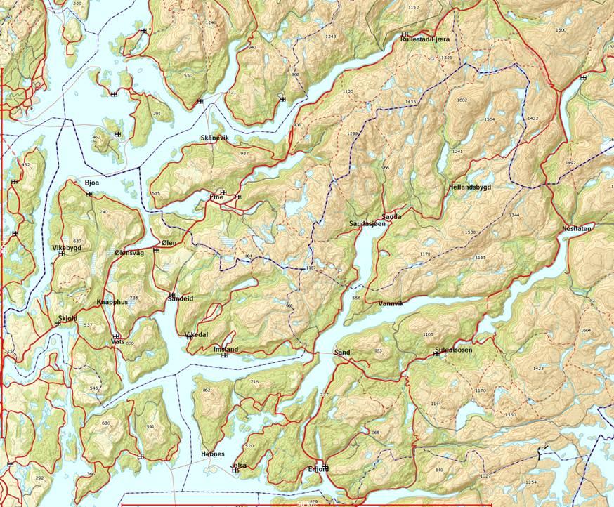 Figur 3.9 Kart Oversikt over «utkantar» Suldal den største kommunen ut frå areal og den minste ut frå tal innbyggarar.