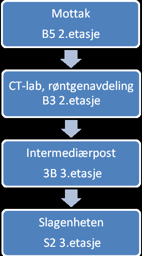 Ved ankomst Ahus er første post mottaksavdelingen i 2.etg B5. Her blir pasienten undersøkt av vakthavende nevrolog, som vurderer om det er indikasjon for radiologisk diagnostikk.