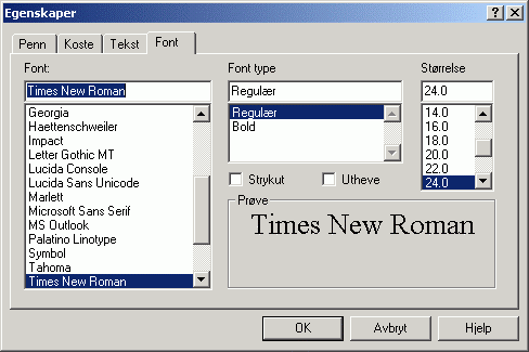 Bruk 'Egenskaper'-vinduet med Font -fanen i forgrunnen for: valg av fonttype i Font -området ved å klikke på ønsket font valg av stil i 'Fonttype' ved f.eks. å klikke på 'Regulær' eller 'Italic'.