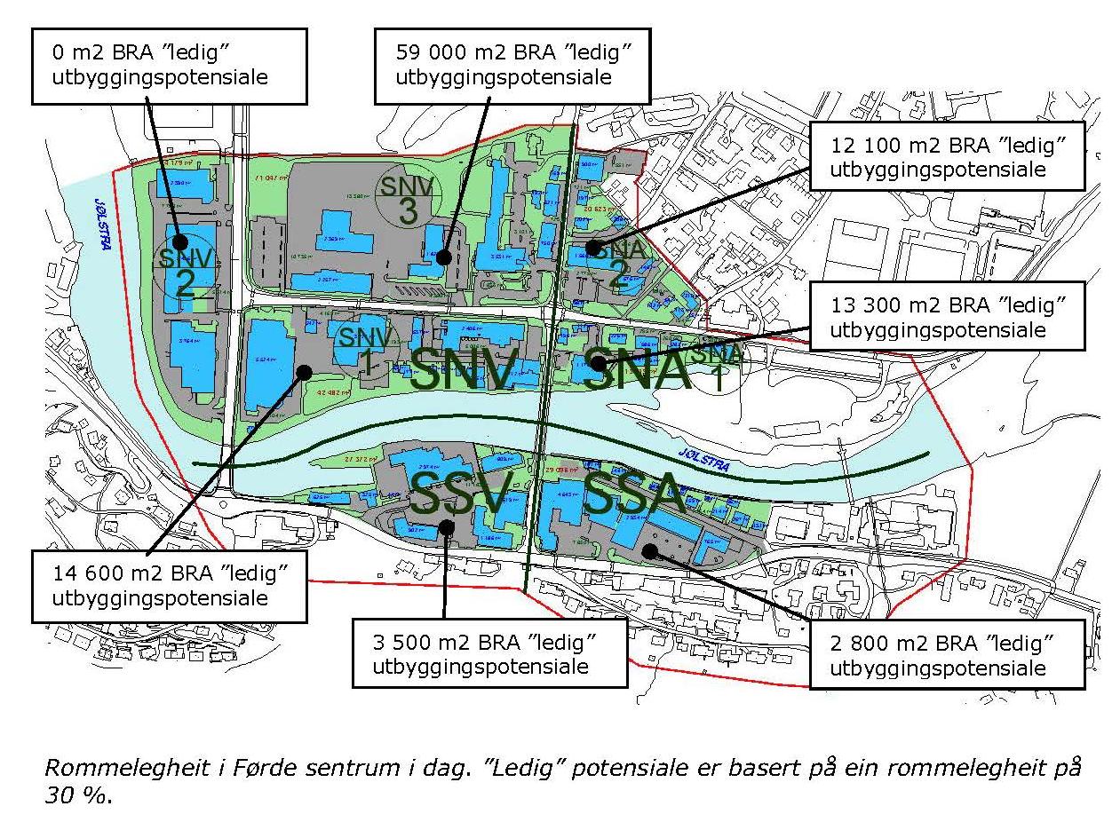 Rommelegheit illusterer kor tett byen skal vere og syner areal potensiale: Kommunedelplan byutvikling Førde sentrum Det hadde på heile 90-talet vore arbeidd med tettstadsutvikling generelt og med