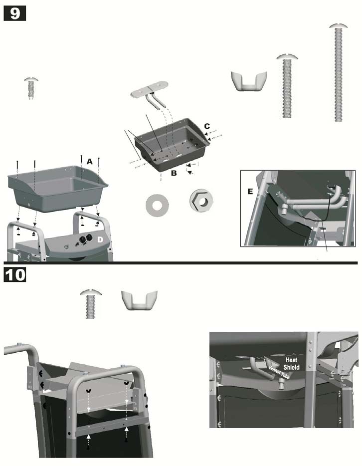 A: Monter fast grillskålen (A) oppe på bena (M,O). Bruk 4st lange skruer, 4st fiberskiver og 4st vingemuttere. B: Plasser brenneren (F) i grillskålen.