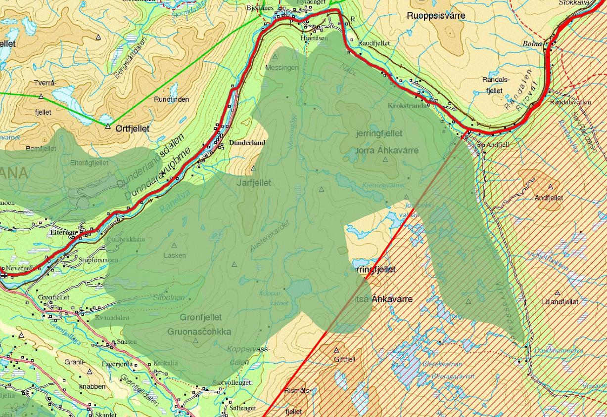 Figur: Kart over prioriterte beiteområder (grønne områder) og yngleområde for