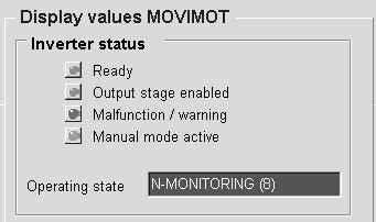 12 Service MOVITOOLS -diagnose for MOVIMOT med integrert AS-interface Vindusfelt "Display values MOVIMOT" I vindusfeltet "Inverter status" vises aktuell enhetsstatus.