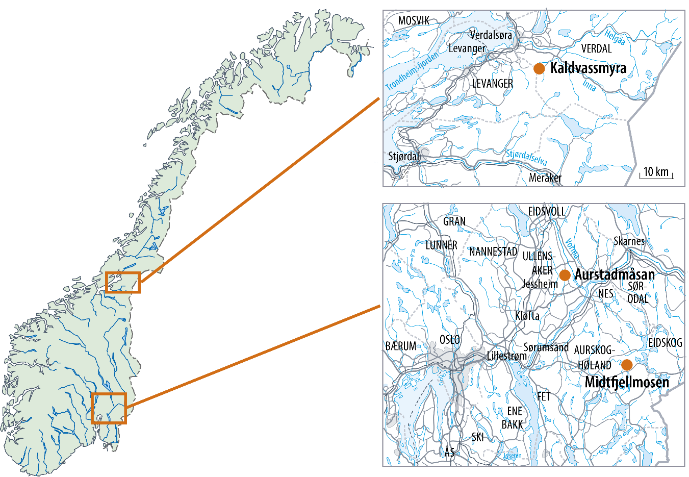 2 Overvåkingsområder Tre myrer ble valgt til overvåking. Disse er Kaldvassmyra, Aurstadmåsan og Midtfjellmosen (Figur 1). Alle myrene tilhører myrtypen høgmyr.