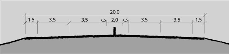 Tverrprofil for dimensjoneringsklasse H7. Ny rv. 555, Sotrasambandet er planlagt som firefelts veg med fartsgrense 80 km/t etter dimensjoneringsklasse H7.