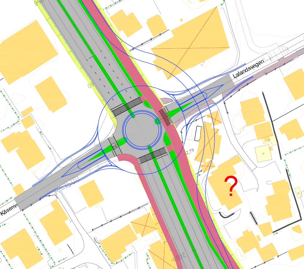 rundkjøring. For trafikk nordfra på fv. 44 virker ruten Stasjonsvegen Lalandsvegen lite attraktiv som omkjøringsveg. Den blir for lang og kronglete til å trekke til seg særlig mye ny trafikk.