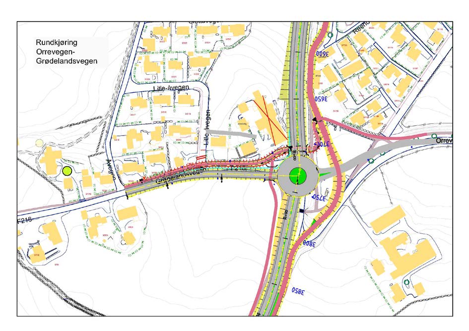 Grødelandsvegen / Orrevegen Rundkjøring gir god trafikkavvikling og anbefales. Vestlig del av Orrevegen må heves, men forholdene ligger til rette for dette uten store konsekvenser.