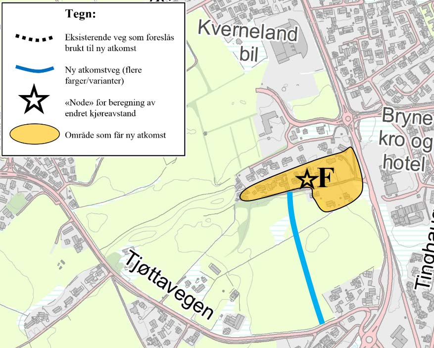 Kåsenkrysset Orrevegen, delstrekning 2 Område F, vurdering av atkomstveger Figur 6.6: Område F med forslag til atkomstveg.