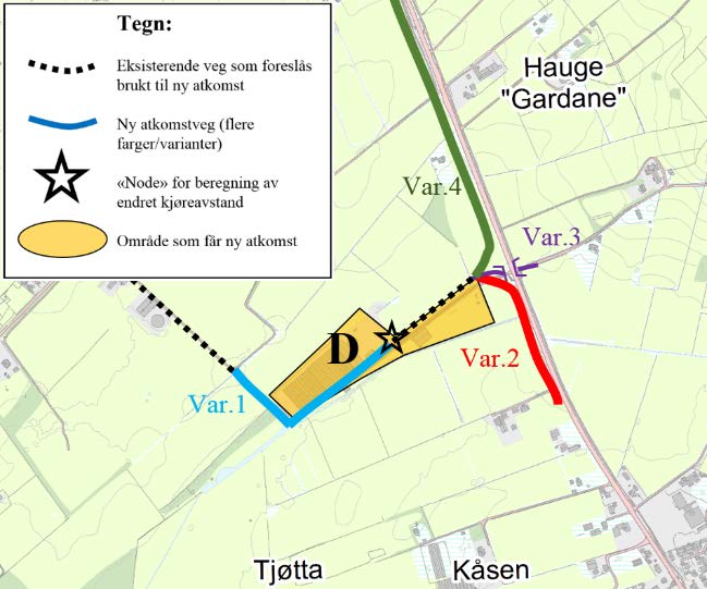 Område D, vurdering av atkomstveger Område D har (som B) kombinasjonsmuligheter med andre områder, spesielt E, men også med både A og B, dersom en bygger kulvert under fv. 44.