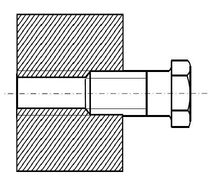 Figur 68 Eksempel på sammensatt del med skrue. Når skruen vises innskrudd i et gods så vil godset, eventuelt en mutter, være gjennomskåret.