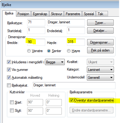 6... Kapittel 4 17.02.13 Takplan DDS-CAD Konstruksjon innføring i versjon 7 [LUKK] Angi dimensjon på 90 x 315mm. Overstyr standardparametre.