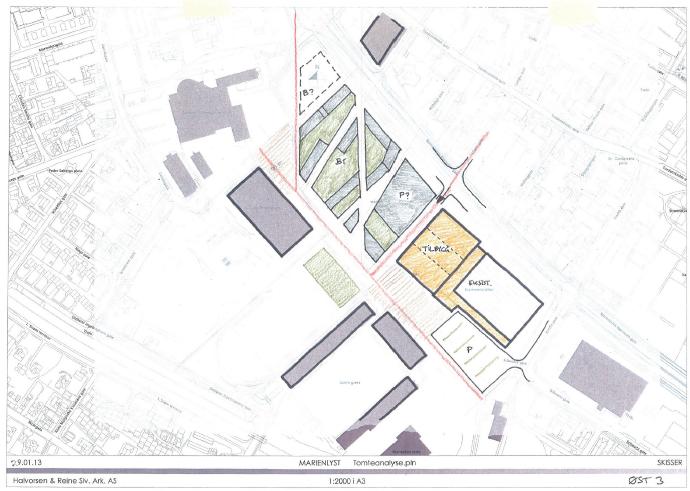 Figur 5: Alternativ Øst 3 (Ø3) Basert på forutsetninger for utnyttelse som er skissert foran gir dette følgende: - Område for Multifunksjonshall: xx m2 - Område for Prosjektet: xx m2 - Potensial for