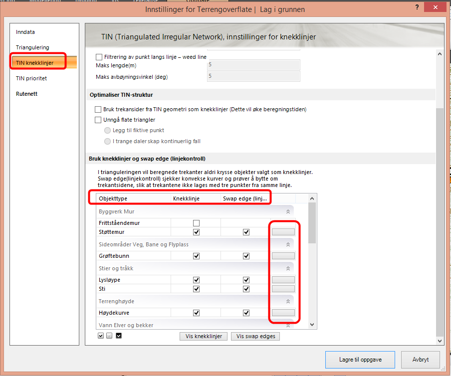 Innstillinger for terrengoverflate TIN knekklinjer Bruk knekklinjer og swap edge (linjekontroll) Her har en mulighet for å velge hvilke objekttyper som skal brukes som knekklinjer og hvilke som skal