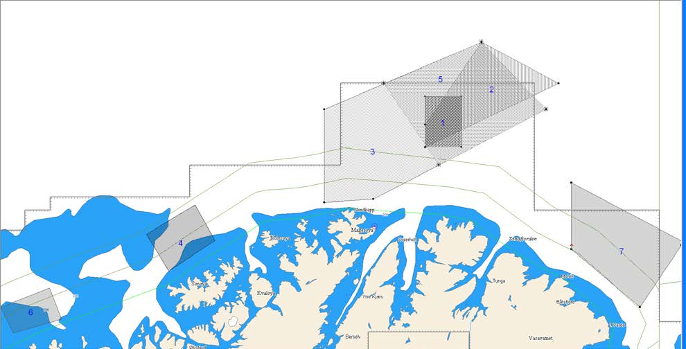 101 Figur 1: Stengninger og åpninger av områder i loddefisket i Barentshavet i 2013. 2. Endring/utvidelse av stengt område 7. februar. 1. Stenging av felt på Nordkappbanken 1. februar. 3.