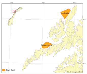 Figur 3.7. Utredningsområdene Gimsøy nord og Nordmela. Gimsøy nord ligger dels innenfor og dels tett opp til område for høye konsentrasjoner av steinkobbe, jf. kapittel 4.2, figur 4.11.