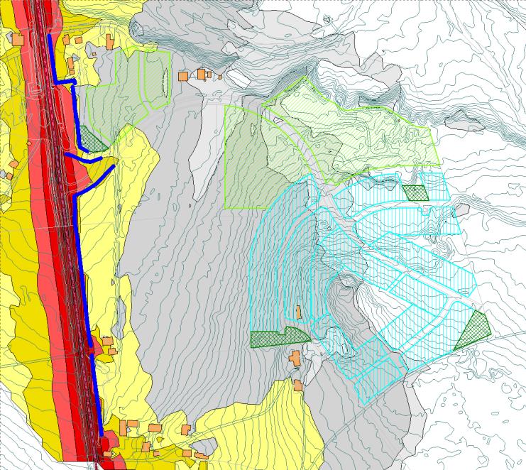 Boliger i dette området kan få støynivå over anbefalt grenseverdi ved fasade mot vei, 2. etasje og høyere.