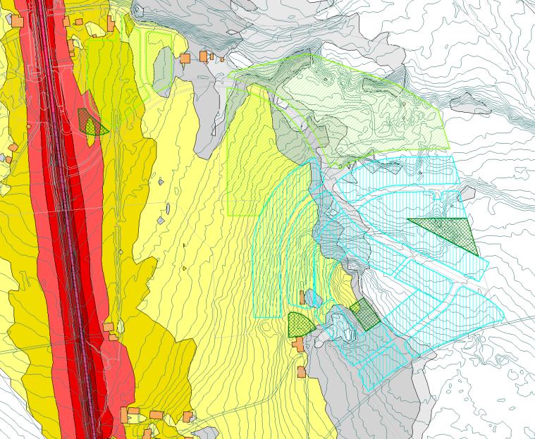 5.1 Prognosesituasjon 2034 uten skjermingstiltak Figur 2: Støysonekart for 2034 uten skjermingstiltak, beregningshøyde 4 meter over terreng Figur 3: