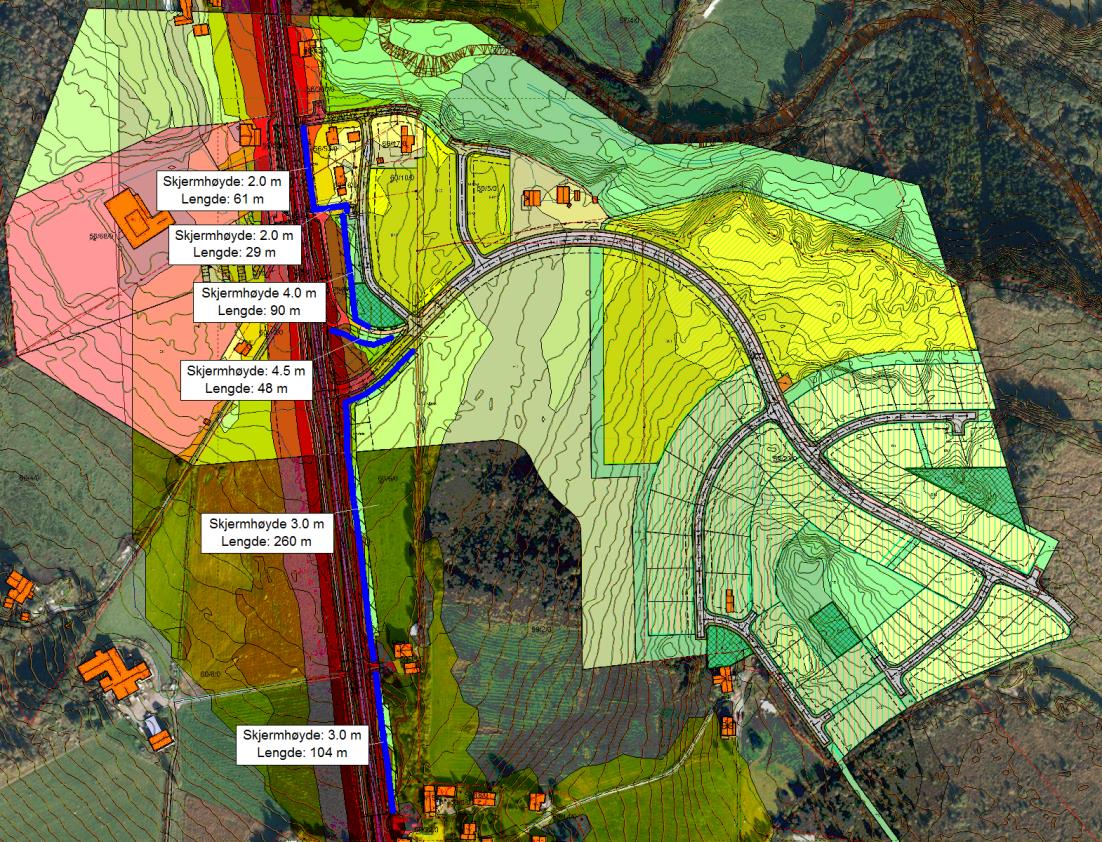 5.2 Prognosesituasjon 2034 med skjermingstiltak Det er sett på skjermingstiltak langs vei. Dette kan være voll, skjerm eller en kombinasjon av disse.