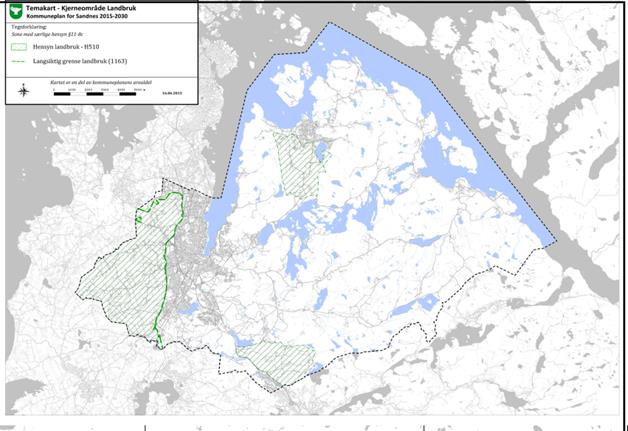 Figur 3 Kjerneområde landbruk i Sandnes kommune. Kilde: kommuneplanen samfunnsdel - 2015-2030. I tillegg har Sandnesmarken fått en grense for utbygging.