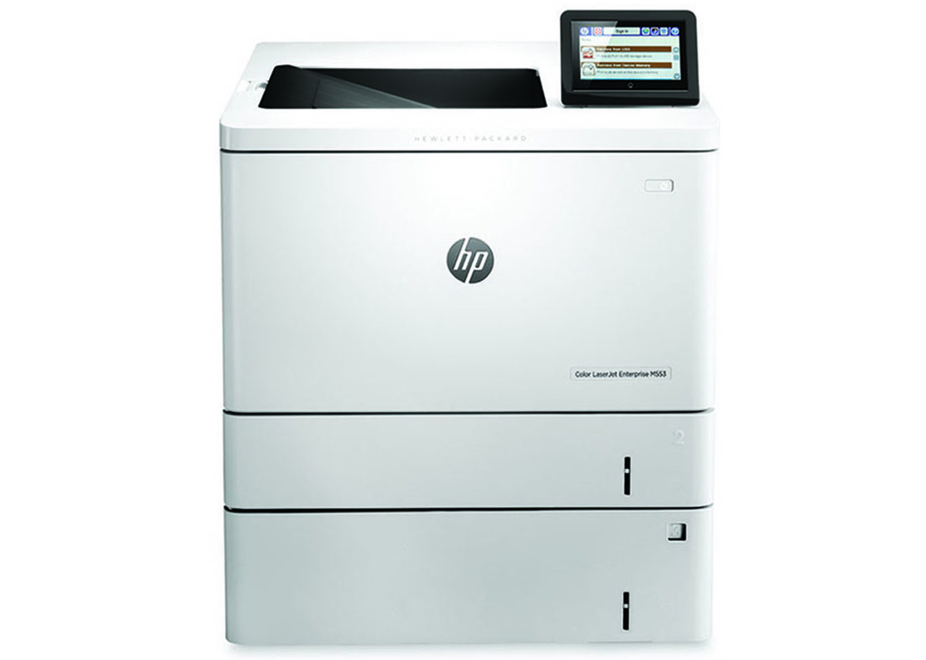 Produktomvisning Bilde av HP Color LaserJet Enterprise M553x: 1. Kontrollpanel på intuitiv VGA-fargeskjerm på 10,9 cm (4,3 tommer) vippes opp for enklere visning 2.